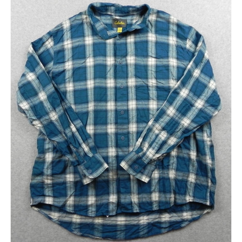 Cabela's Flannel Shirt Mens 2XL XXL Pocket Button Up Blue Plaid Long Sleeve